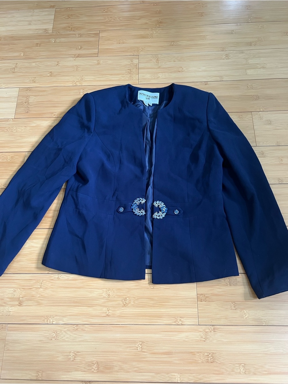 Massini Navy Collarless Blazer with Crystal-Link Closure